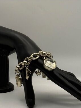Vintage Gold Tone Charm Bracelet Watch Swiss Quartz Heart Crystal Shoe Dangle